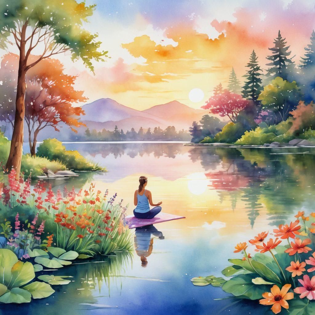 A serene landscape featuring a radiant sunrise over a tranquil lake, where joyful people of diverse backgrounds are engaging in happy activities like yoga, laughter, and sharing moments of kindness. Bright flowers and lush greenery surround them, symbolizing positivity and growth. Soft, warm light bathes the scene, evoking a sense of peace and bliss. watercolor style. vibrant colors.