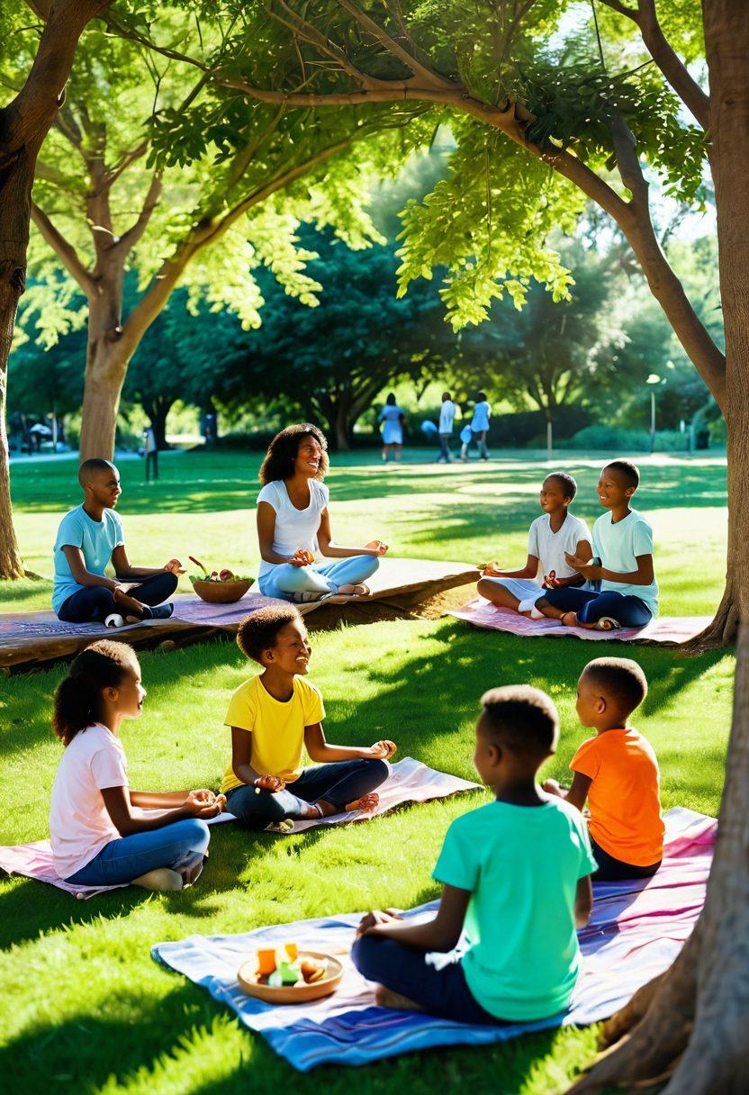 A cheerful scene depicting a diverse group of people joyfully engaging in various activities: laughing children playing in a park, adults meditating in serene nature, and friends sharing a meal. Bright sunshine filters through lush green trees, casting playful shadows. The atmosphere radiates warmth and positivity, emphasizing the importance of happiness in everyday life. super-realistic. vibrant colors. soft-focus background.