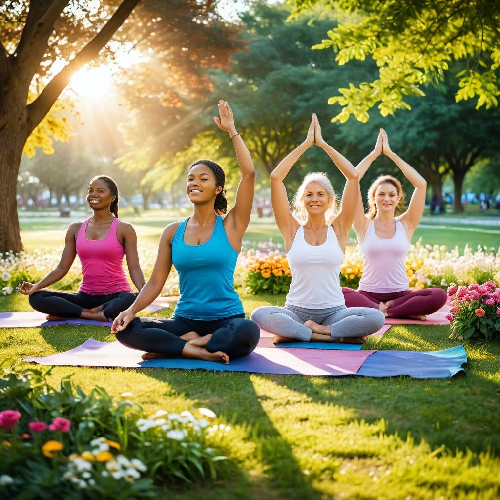A vibrant sunrise illuminating a diverse group of people joyfully engaging in various healthy activities; one practicing yoga, another biking, and a third meditating amidst a colorful park filled with blooming flowers. Infuse the scene with an energetic atmosphere, portraying a sense of motion and happiness, encapsulating the essence of a joyful life transformation. super-realistic. vibrant colors. bright background.